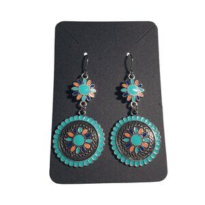 Teal Orange Floral Dangle Earrings Silver Tone Metal Lightweight Boho Multicolor
